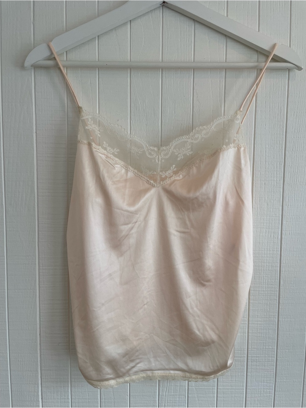Vintage Pale Blush Satin Camisole with Delicate Lace Trim